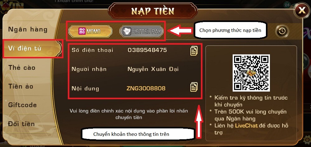 Các phương thức nạp tiền iWin